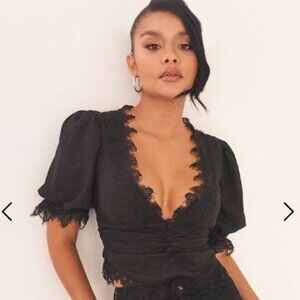 PrettyLittleThing Black Lace Trim Button Short Sleeve Top